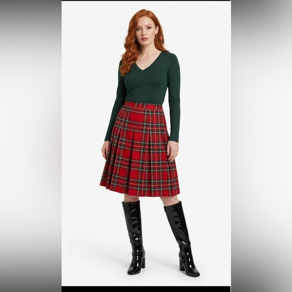 Robell Vintage Wool Red Tartan pleated knee length Skirt Size Small VTG SZ 18